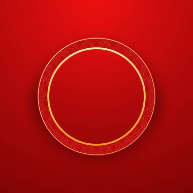 Mutlu Çin Yeni Yılı 2025. Çin yeni yıl afişi, gösteri için daire şeklinde. Tebrik kartı. Kırmızı zemin üzerinde fener bulunan Çin çerçevesi.