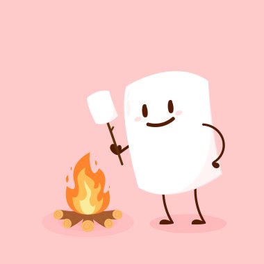 Şekerleme karakteri. Şiş şiş üzerine lokum parçası orman ateşinde kavruluyor. Şenlik ateşi vektörü. Şekerleme çizgi film vektörü. 