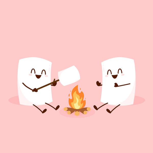 Marshmallow character. Marshmallow piece on skewer roasting on forest bonfire. bonfire vector. Marshmallow cartoon vector. 