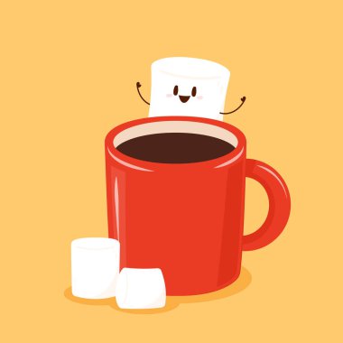 Komik marşmelov karakterleri ve bir fincan çikolata içeceği. Şekerlemeler karakter tasarımı. Tatlı çizgi filmi.