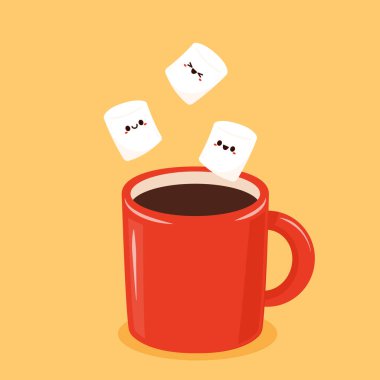 Komik marşmelov karakterleri ve kremalı sıcak çikolata. Şekerlemeler karakter tasarımı. Tatlı çizgi filmi. Kek ile kırmızı bardak..