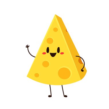 Sevimli peynir karakteri. Düz stil komik yemek simgesi. Süt emojisi vektör illüstrasyonu.