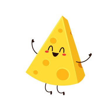 Sevimli peynir karakteri. Düz stil komik yemek simgesi. Süt emojisi vektör illüstrasyonu.
