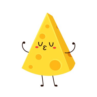 Sevimli peynir karakteri. Düz stil komik yemek simgesi. Süt emojisi vektör illüstrasyonu.