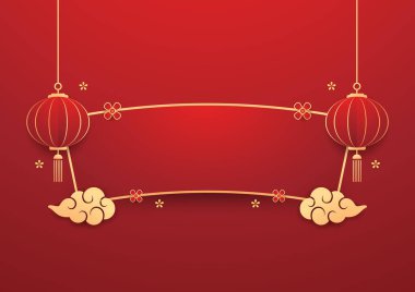 Mutlu Çin Yeni Yılı 2025. Çin yeni yıl afişi, gösteri için daire şeklinde. Tebrik kartı. Kırmızı zemin üzerinde fener bulunan Çin çerçevesi.