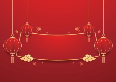 Mutlu Çin Yeni Yılı 2025. Çin yeni yıl afişi, gösteri için daire şeklinde. Tebrik kartı. Kırmızı zemin üzerinde fener bulunan Çin çerçevesi.