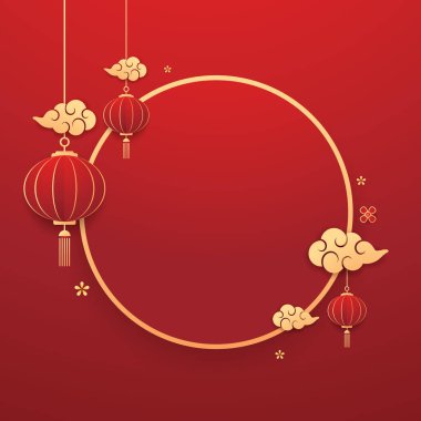 Mutlu Çin Yeni Yılı 2025. Çin yeni yıl afişi, gösteri için daire şeklinde. Tebrik kartı. Kırmızı zemin üzerinde fener bulunan Çin çerçevesi.