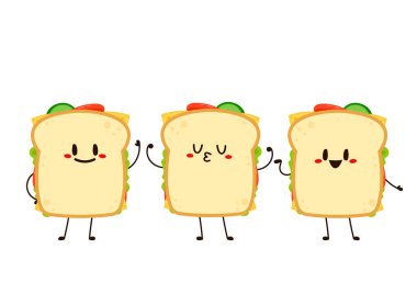 Sandviç karakteri. Sandviç beyaz arka planda izole edilmiş. Atıştırmalıkların vektör çizgi filmi çizimi.