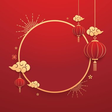 Mutlu Çin Yeni Yılı 2025. Çin yeni yıl afişi, gösteri için daire şeklinde. Tebrik kartı. Kırmızı zemin üzerinde fener bulunan Çin çerçevesi.