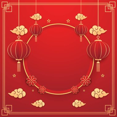 Mutlu Çin Yeni Yılı 2025. Çin yeni yıl afişi, gösteri için daire şeklinde. Tebrik kartı. Kırmızı zemin üzerinde fener bulunan Çin çerçevesi.
