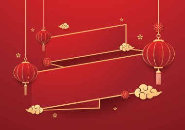 Mutlu Çin Yeni Yılı 2025. Çin yeni yıl afişi. Tebrik kartı. Kırmızı zemin üzerinde fener bulunan Çin çerçevesi.