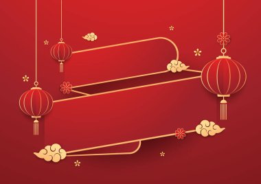 Mutlu Çin Yeni Yılı 2025. Çin yeni yıl afişi. Tebrik kartı. Kırmızı zemin üzerinde fener bulunan Çin çerçevesi.