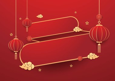 Mutlu Çin Yeni Yılı 2025. Çin yeni yıl afişi. Tebrik kartı. Kırmızı zemin üzerinde fener bulunan Çin çerçevesi.
