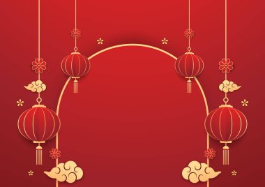 Mutlu Çin Yeni Yılı 2025. Çin yeni yıl afişi. Tebrik kartı. Kırmızı zemin üzerinde fener bulunan Çin çerçevesi.