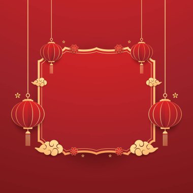 Mutlu Çin Yeni Yılı 2025. Çin yeni yıl afişi. Tebrik kartı. Kırmızı zemin üzerinde fener bulunan Çin çerçevesi.