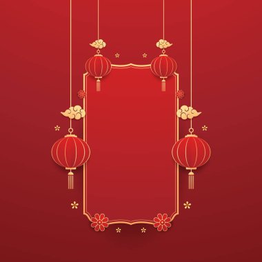 Mutlu Çin Yeni Yılı 2025. Çin yeni yıl afişi. Tebrik kartı. Kırmızı zemin üzerinde fener bulunan Çin çerçevesi.