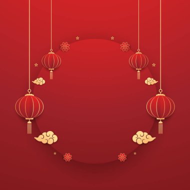 Mutlu Çin Yeni Yılı 2025. Çin yeni yıl afişi. Tebrik kartı. Kırmızı zemin üzerinde fener bulunan Çin çerçevesi.