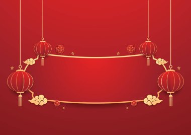 Mutlu Çin Yeni Yılı 2025. Çin yeni yıl afişi. Tebrik kartı. Kırmızı zemin üzerinde fener bulunan Çin çerçevesi.