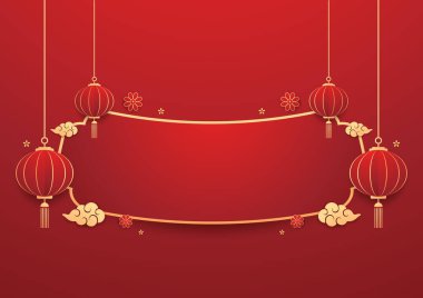 Mutlu Çin Yeni Yılı 2025. Çin yeni yıl afişi. Tebrik kartı. Kırmızı zemin üzerinde fener bulunan Çin çerçevesi.