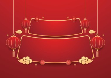 Mutlu Çin Yeni Yılı 2025. Çin yeni yıl afişi. Tebrik kartı. Kırmızı zemin üzerinde fener bulunan Çin çerçevesi.