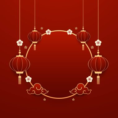 Mutlu Çin Yeni Yılı 2025. Çin yeni yıl afişi, gösteri için daire şeklinde. Tebrik kartı. Kırmızı zemin üzerinde fener bulunan Çin çerçevesi.