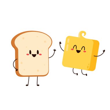 Tost karakteri. Ekmek ve Tereyağı karakter tasarımı. Sevimli Tost çizgi film vektörü.