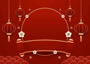 Mutlu Çin Yeni Yılı 2025. Çin yeni yıl afişi, gösteri için daire şeklinde. Tebrik kartı. Kırmızı zemin üzerinde fener bulunan Çin çerçevesi.