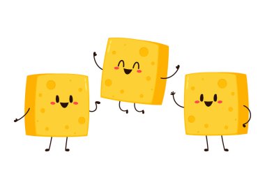 Küp peynir karakteri. Düz stil komik yemek simgesi. Süt emojisi vektör illüstrasyonu.