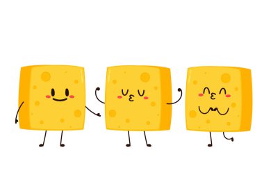 Küp peynir karakteri. Düz stil komik yemek simgesi. Süt emojisi vektör illüstrasyonu.