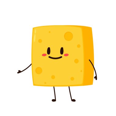 Küp peynir karakteri. Düz stil komik yemek simgesi. Süt emojisi vektör illüstrasyonu.