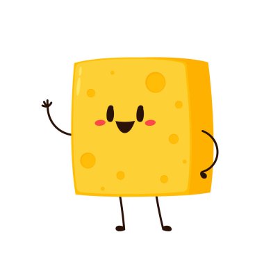 Küp peynir karakteri. Düz stil komik yemek simgesi. Süt emojisi vektör illüstrasyonu.