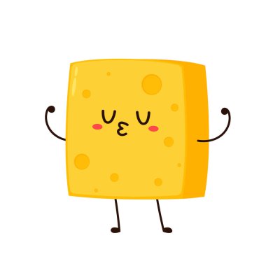 Küp peynir karakteri. Düz stil komik yemek simgesi. Süt emojisi vektör illüstrasyonu.