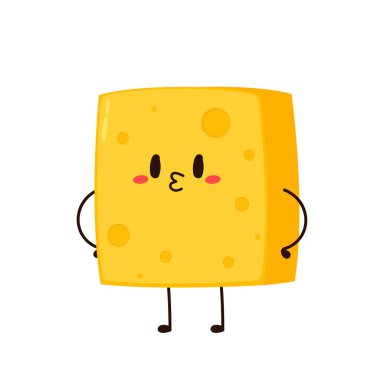 Küp peynir karakteri. Düz stil komik yemek simgesi. Süt emojisi vektör illüstrasyonu.