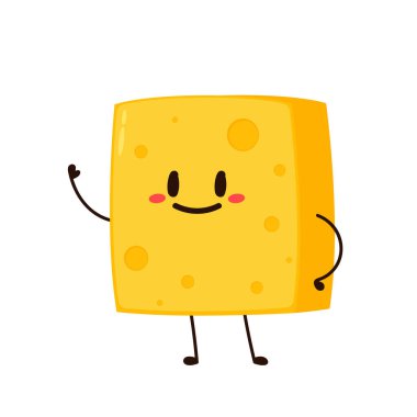 Küp peynir karakteri. Düz stil komik yemek simgesi. Süt emojisi vektör illüstrasyonu.