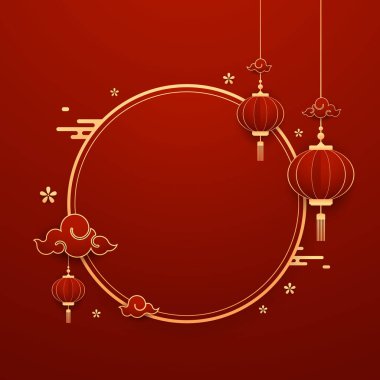 Mutlu Çin Yeni Yılı 2025. Çin yeni yıl afişi, gösteri için daire şeklinde. Tebrik kartı. Kırmızı zemin üzerinde fener bulunan Çin çerçevesi.