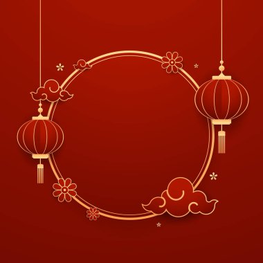 Mutlu Çin Yeni Yılı 2025. Çin yeni yıl afişi. Tebrik kartı. Kırmızı zemin üzerinde fener bulunan Çin çerçevesi.