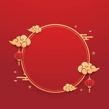 Mutlu Çin Yeni Yılı 2025. Çin yeni yıl afişi. Tebrik kartı. Kırmızı zemin üzerinde fener bulunan Çin çerçevesi.