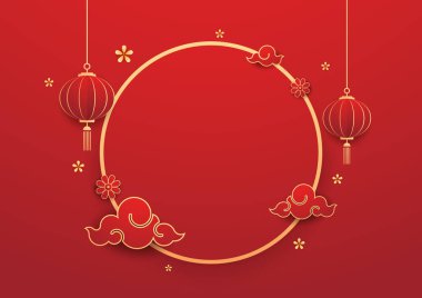 Mutlu Çin Yeni Yılı 2025. Çin yeni yıl afişi. Tebrik kartı. Kırmızı zemin üzerinde fener bulunan Çin çerçevesi.