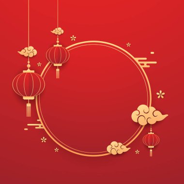 Mutlu Çin Yeni Yılı 2025. Çin yeni yıl afişi. Tebrik kartı. Kırmızı zemin üzerinde fener bulunan Çin çerçevesi.