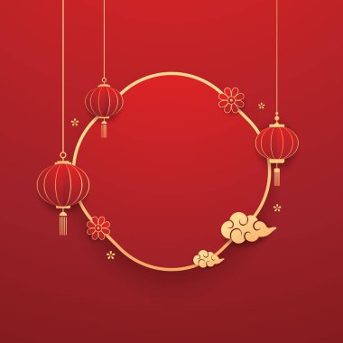 Mutlu Çin Yeni Yılı 2025. Çin yeni yıl afişi. Tebrik kartı. Kırmızı zemin üzerinde fener bulunan Çin çerçevesi.
