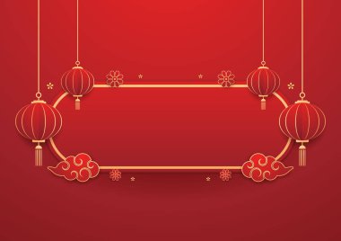 Mutlu Çin Yeni Yılı 2025. Çin yeni yıl afişi. Tebrik kartı. Kırmızı zemin üzerinde fener bulunan Çin çerçevesi.
