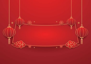Mutlu Çin Yeni Yılı 2025. Çin yeni yıl afişi. Tebrik kartı. Kırmızı zemin üzerinde fener bulunan Çin çerçevesi.