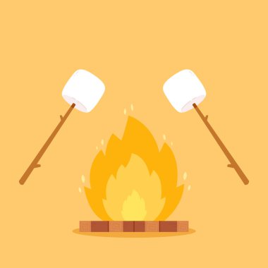 Şekerleme çubuğu. Şiş şiş üzerine lokum parçası orman ateşinde kavruluyor. Şenlik ateşi vektörü. Şekerleme çizgi film vektörü. 