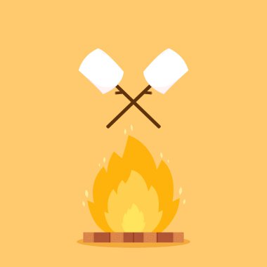 Şekerleme çubuğu. Şiş şiş üzerine lokum parçası orman ateşinde kavruluyor. Şenlik ateşi vektörü. Şekerleme çizgi film vektörü. 