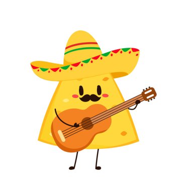 Meksika şapkalı Nachos karakterleri. Güzel Meksika yemekleri. Sombreros ve marakas şapkalı cips. Vektör illüstrasyonu.