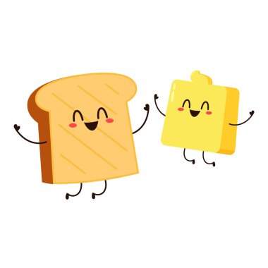 Tost karakteri. Ekmek ve Tereyağı karakter tasarımı. Sevimli Tost çizgi film vektörü.