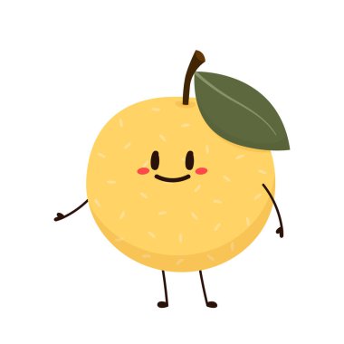 Asyalı armut karakteri. Asya armudu armudu ve beyaz arka planda yarı izole. Düz stil tropikal egzotik meyvelerin vektör çizimi.