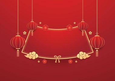 Mutlu Çin Yeni Yılı 2025. Çin yeni yıl afişi. Tebrik kartı. Kırmızı zemin üzerinde fener bulunan Çin çerçevesi.