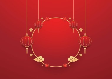 Mutlu Çin Yeni Yılı 2025. Çin yeni yıl afişi. Tebrik kartı. Kırmızı zemin üzerinde fener bulunan Çin çerçevesi.