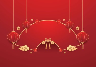 Mutlu Çin Yeni Yılı 2025. Çin yeni yıl afişi. Tebrik kartı. Kırmızı zemin üzerinde fener bulunan Çin çerçevesi.